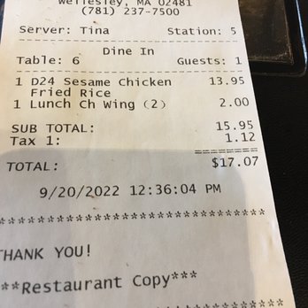 CK Shanghai - Receipt... luncheon special - Chinese Near Me - Wellesley, Massachusetts