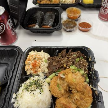 Moon Grill Hawaiian BBQ - Bbq combo plate and a Cajun shrimp plate with two spam musubis - Hawaiian Near Me - Ontario, California Moon Grill Hawaiian BBQ - Bbq combo plate and a Cajun shrimp plate with two spam musubis - Hawaiian Near Me - Ontario, California
