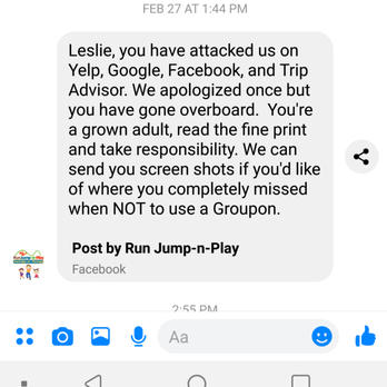 Run Jump-n-Play - This unprofessional company sent me this message via Facebook. - Amusement Parks Near Me - Blue Ash, Ohio Run Jump-n-Play - This unprofessional company sent me this message via Facebook. - Amusement Parks Near Me - Blue Ash, Ohio