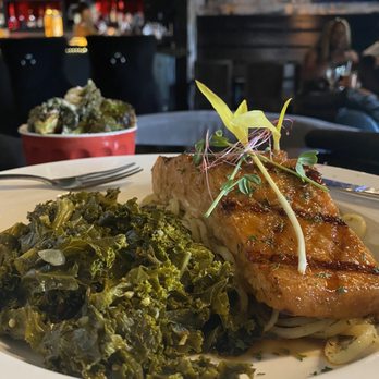 Plated Lounge - Grilled Salmon over Linguine with Sautéed Kale with Smoked Turkey - Caterers Near Me - East Point, Georgia