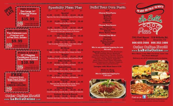 Menu photo 2 La Bella Pizza Hillside Amarillo, TX