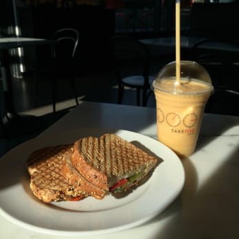 Take Five Café - Veggie panini with peach banana smoothie (yummy!) - Cafes Near Me - North Vancouver, British Columbia Take Five Café - Veggie panini with peach banana smoothie (yummy!) - Cafes Near Me - North Vancouver, British Columbia