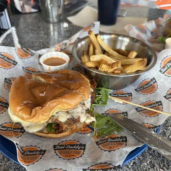 Bad Daddy's Burger Bar - Mushroom burger topics on fried chicken breast - Burgers Near Me - Madison, Alabama Bad Daddy's Burger Bar - Mushroom burger topics on fried chicken breast - Burgers Near Me - Madison, Alabama