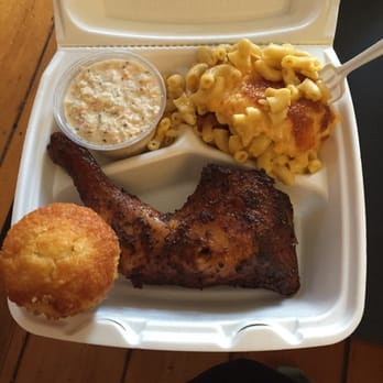 Nick's Rotisserie - Chicken leg dinner, $9. Chicken leg, 2 sides (cole slaw & mac 'n cheese), and a corn muffin. - Soul Food Near Me - Baltimore, Maryland