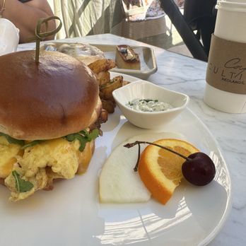 Cafe Cultivate - Breakfast sandwich with fruit and coffee - Cafes Near Me - Redlands, California Cafe Cultivate - Breakfast sandwich with fruit and coffee - Cafes Near Me - Redlands, California