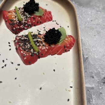 Raw Lab By Empire Oyster - Beet marinated salmon w/sea bean, caviar, basil, sesame seeds - Live/Raw Food Near Me - Charleston, South Carolina Raw Lab By Empire Oyster - Beet marinated salmon w/sea bean, caviar, basil, sesame seeds - Live/Raw Food Near Me - Charleston, South Carolina