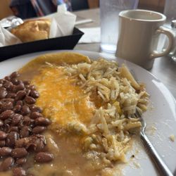 Hatcha's Grill - Huevos Rancheros with eggs over easy, green chile sauce, hash browns, beans, sopapilla, honey and coffee. Delicious!