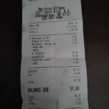 Mariscos Altamar - Receipt of purchase - Mexican Near Me - Albuquerque, New Mexico