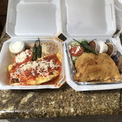 Kekas - Chile rellano omelet on the left, chorizo and potato, asada Kekas on the right! BOMB