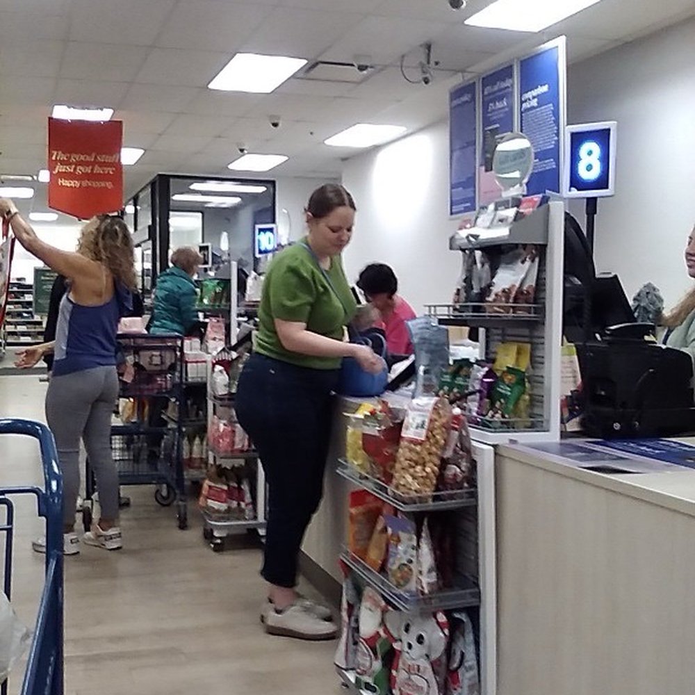 check out, registers, and happy, helpful employees.
