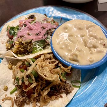Crafted - Top taco- messenger on flour tortilla Bottom taco- big truck on flour tortilla and a side of Mac and cheese - Tacos Near Me - Mebane, North Carolina