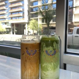 Aden latte and scillian pistachio matcha