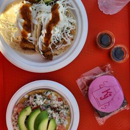 Fish tacos, ceviche, and brownie