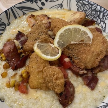 Wholey Granoly - Shrimp and grits with catfish, andouille sausage, roasted corn and tomatoes - Breakfast & Brunch Near Me - Bolingbrook, Illinois Wholey Granoly - Shrimp and grits with catfish, andouille sausage, roasted corn and tomatoes - Breakfast & Brunch Near Me - Bolingbrook, Illinois