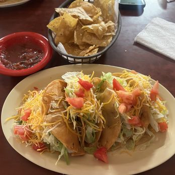 Guadalupe's - Four Taco Tuesday chicken tacos with the complementary chips & salsa. - Mexican Near Me - Azusa, California