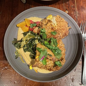 Foreign Cinema - Madras curry sesame fried chicken, spicy apple cabbage slaw, chickpea hummus, ras el hanout honey, herb salad. - Breakfast & Brunch Near Me - San Francisco, California