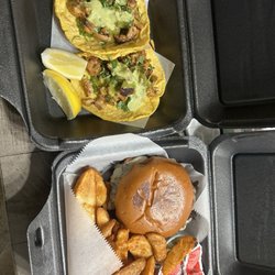 Chicken tacos and Al pastor burger