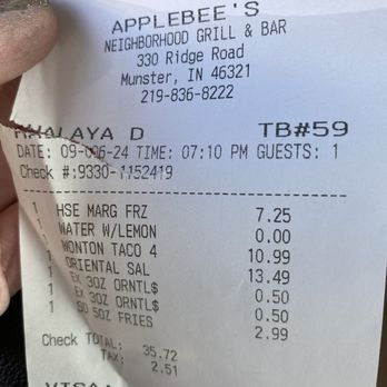 Applebee's Grill + Bar - Receipt of what I ordered. - American Near Me - Munster, Indiana