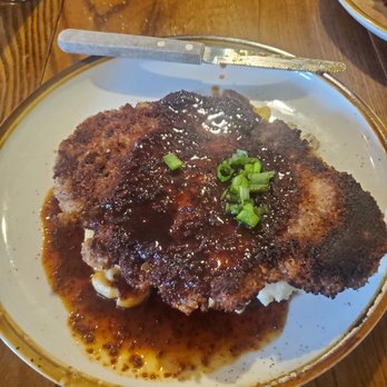 The Root Cellar Cafe - Pecan Crusted Bourbon Chicken w/mashed potatoes and mac & cheese - Breakfast & Brunch Near Me - San Marcos, Texas