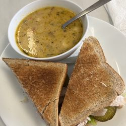 The Homestead Deli & Bakery - Full turkey sandwich on brown with cheeseburger macaroni soup; $13 bucks.