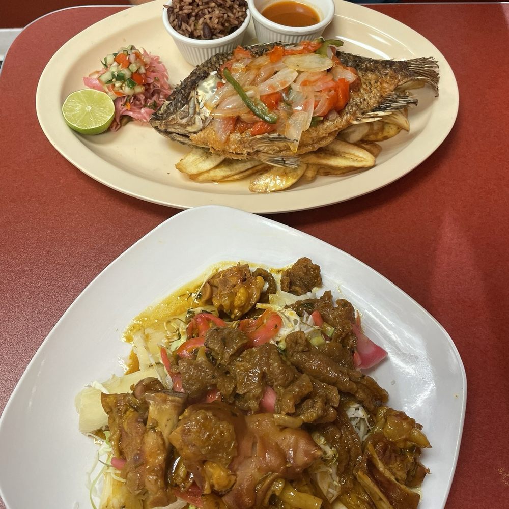 Sabor K-tracho Restaurant - Pescado Frito (back) and Yuca con Chicharron - Honduran Near Me - Maryland Heights, Missouri Sabor K-tracho Restaurant - Pescado Frito (back) and Yuca con Chicharron - Honduran Near Me - Maryland Heights, Missouri