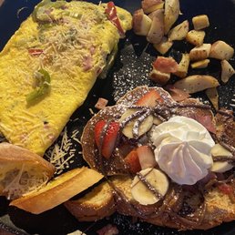Breakfast!! Omelette, pancakes, French toast and potatoes. Breakfast!! Omelette, pancakes, French toast and potatoes.