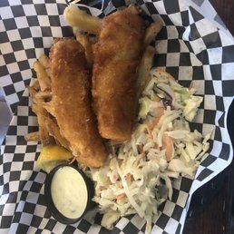 Fish and chips and coleslaw. Fish and chips and coleslaw.
