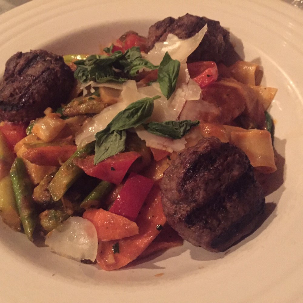Mizuna - Lamb meatballs with roasted vegetables over pappardelle and a light sauce. Thank you, Spokane. - New American Near Me - Spokane, Washington Mizuna - Lamb meatballs with roasted vegetables over pappardelle and a light sauce. Thank you, Spokane. - New American Near Me - Spokane, Washington