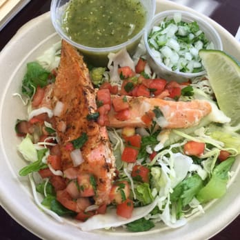 Rubio's Coastal Grill - Chopped Salad with Wild-Caught Salmon, no cheese or chips - Mexican Near Me - Costa Mesa, California