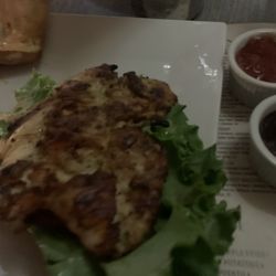 BBQ grilled chicken sandwich with fries