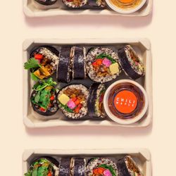 INCLUDED: 10 pieces per roll (plus one complimentary sauce of your choice). Pictured here is our Oh Shiitake (vegan mushroom) Roll