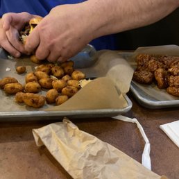 Burger, cheese curds, wings.