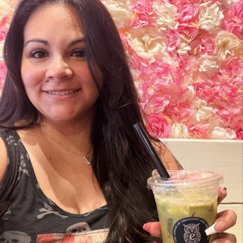 EM Cafe - Me and my matcha with the flower wall - Coffee & Tea Near Me - Deer Park, Texas