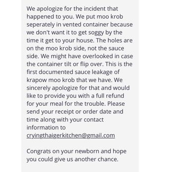 Crying Thaiger - Restaurant response after i wrote review on Yelp. This is really generous of them - Thai Near Me - Malden, Massachusetts Crying Thaiger - Restaurant response after i wrote review on Yelp. This is really generous of them - Thai Near Me - Malden, Massachusetts