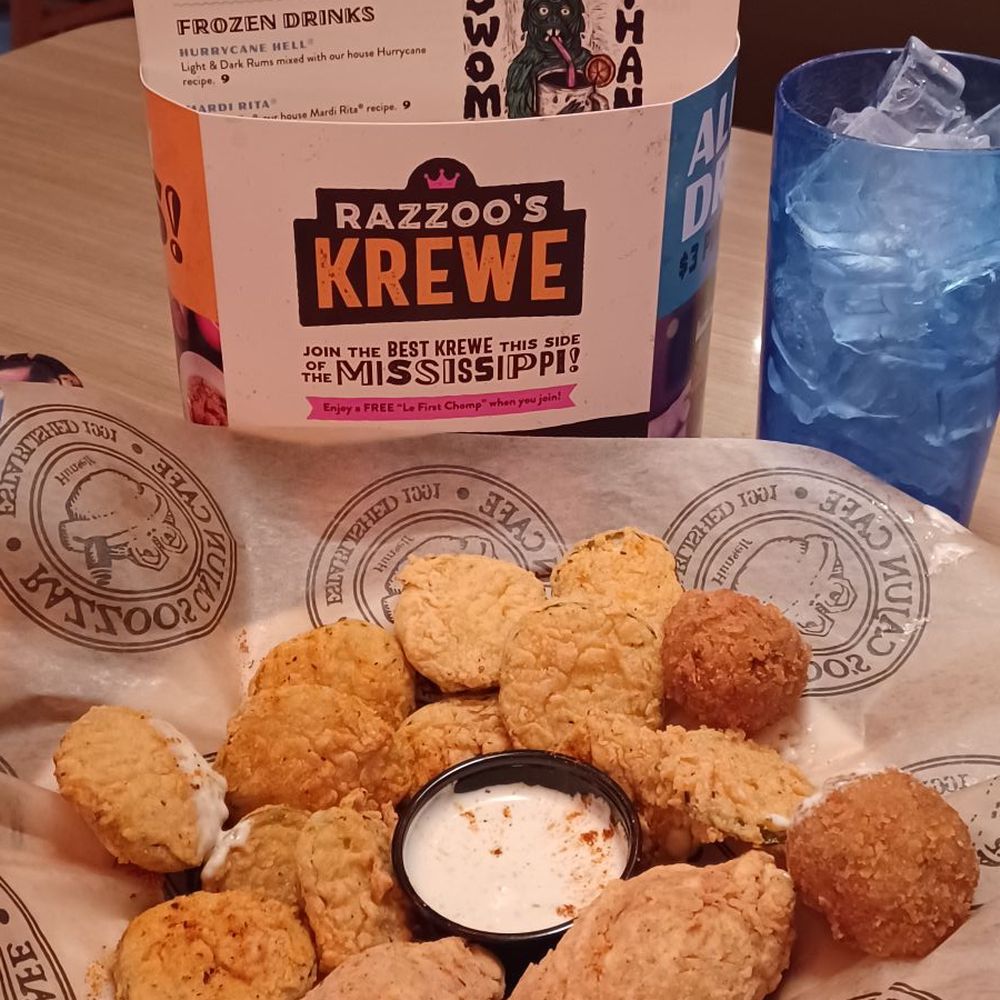 Razzoo's Cajun Cafe - The Canal Street Combo appetizer. 2 RT Toes & 2 Boudin balls on a bed of fried pickles. - Cajun/Creole Near Me - Mesquite, Texas Razzoo's Cajun Cafe - The Canal Street Combo appetizer. 2 RT Toes & 2 Boudin balls on a bed of fried pickles. - Cajun/Creole Near Me - Mesquite, Texas