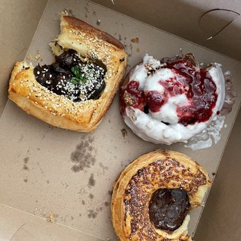 The Witching Flour - Top right clockwise: Eggplant black garlic miso danish, chocolate cinnamon roll w/ raspberry, and smoked chocolate danish - Desserts Near Me