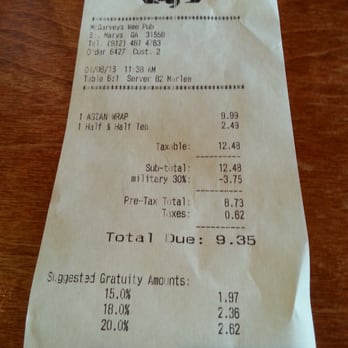 McGarvey's Wee Pub - ***BE AWARE*** The suggested gratuity amounts are lies. 15% of $12.48 is $1.87, 18% is $2.25, 20% is $2.50. Stay smart! - Irish Near Me - St Marys, Georgia McGarvey's Wee Pub - ***BE AWARE*** The suggested gratuity amounts are lies. 15% of $12.48 is $1.87, 18% is $2.25, 20% is $2.50. Stay smart! - Irish Near Me - St Marys, Georgia