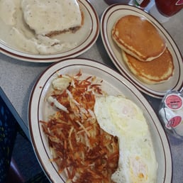 Contry fried steak and eggs with pancakes...$7.99