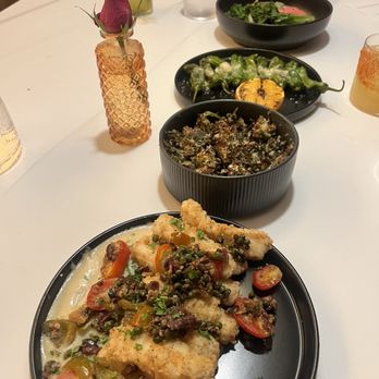 Eatori Market - Calamari steaks, Brussels sprouts, shishito peppers, and broccolini with beer puree! - Cocktail Bars Near Me - Detroit, Michigan
