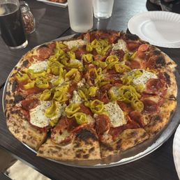 The new "Rooster" pizza with Pepperoni, marinara, mozzarella, Ricotta, and peperoncini on there sourdough pizza bread! The new "Rooster" pizza with Pepperoni, marinara, mozzarella, Ricotta, and peperoncini on there sourdough pizza bread!