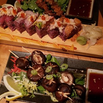 Izakaya Jinsei - Rainbow roll, shitake mushrooms and roasted garlic skewered..yumm - Japanese Near Me - Eugene, Oregon