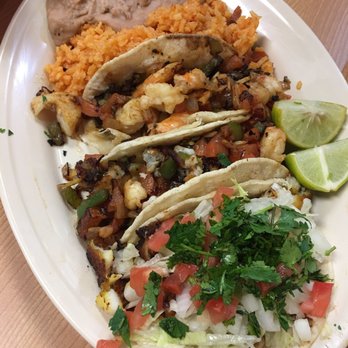 Taqueria Mexico - 3 taco plate with beans and rice. Shrimp, fish, and I can't remember the last one - Mexican Near Me - Albuquerque, New Mexico