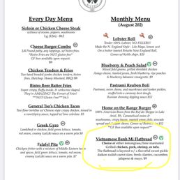 Best flatbread! - The menu lists Vietnamese Banh Mi Flatbread with choices of lemongrass, lime, grilled chicken, pork, shrimp, or tofu, priced at $9.