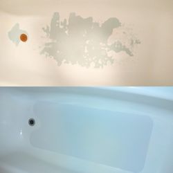 JOJ Services - Before and after bathtub refinishing with a non-slip mat save the customer thousands didn't have to redo the tile in the whole bathroom