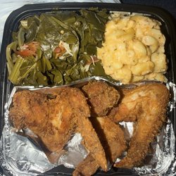 B.L. Fried Wings with Collard Greens & Mac n Cheese.