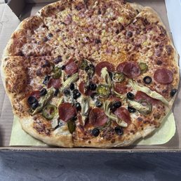 1/2 Hawaiian 1/2 pepperoni olives mushrooms and 1 slice of cheese