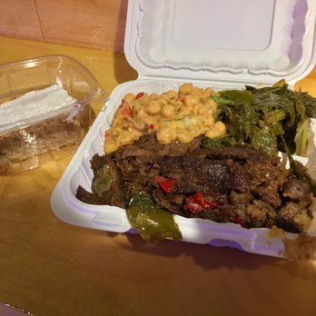 Dodah's Kitchen - Peppersteak w/ Collard Greens & Chickpea Salad + Cassava Coconut Cake - Vegan Near Me - Baltimore, Maryland