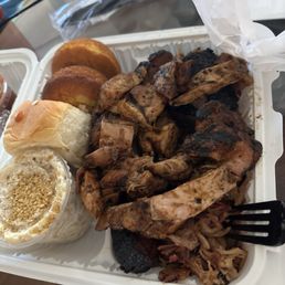 Combo 4 Proteins (3) & Sides (2) Brisket Pulled pork Bbq chicken Mac n cheese Cornbread (They threw in the dinner roll in for free!) Combo 4 Proteins (3) & Sides (2) Brisket Pulled pork Bbq chicken Mac n cheese Cornbread (They threw in the dinner roll in for free!)