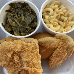 Mrs. Betty’s Fried Chicken Restaurant - Fried chicken, greens, Mac with no cheese.