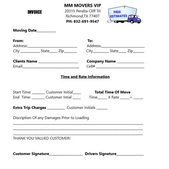 MM Movers VIP - Customer invoice - Movers Near Me - Richmond, Texas MM Movers VIP - Customer invoice - Movers Near Me - Richmond, Texas